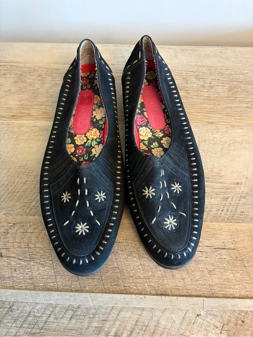 Black Suede Floral-Trim Women's Slip-On Flats